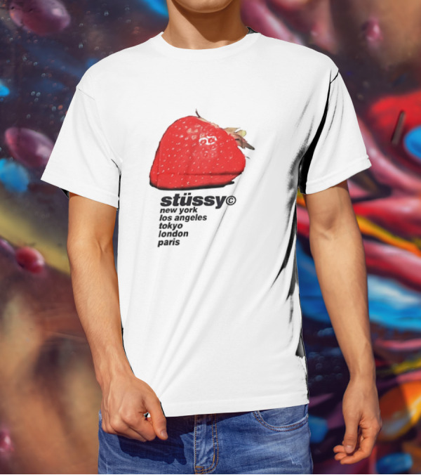 Stussy Strawberry Design New York Los Angeles Tokyo London Paris T-Shirt