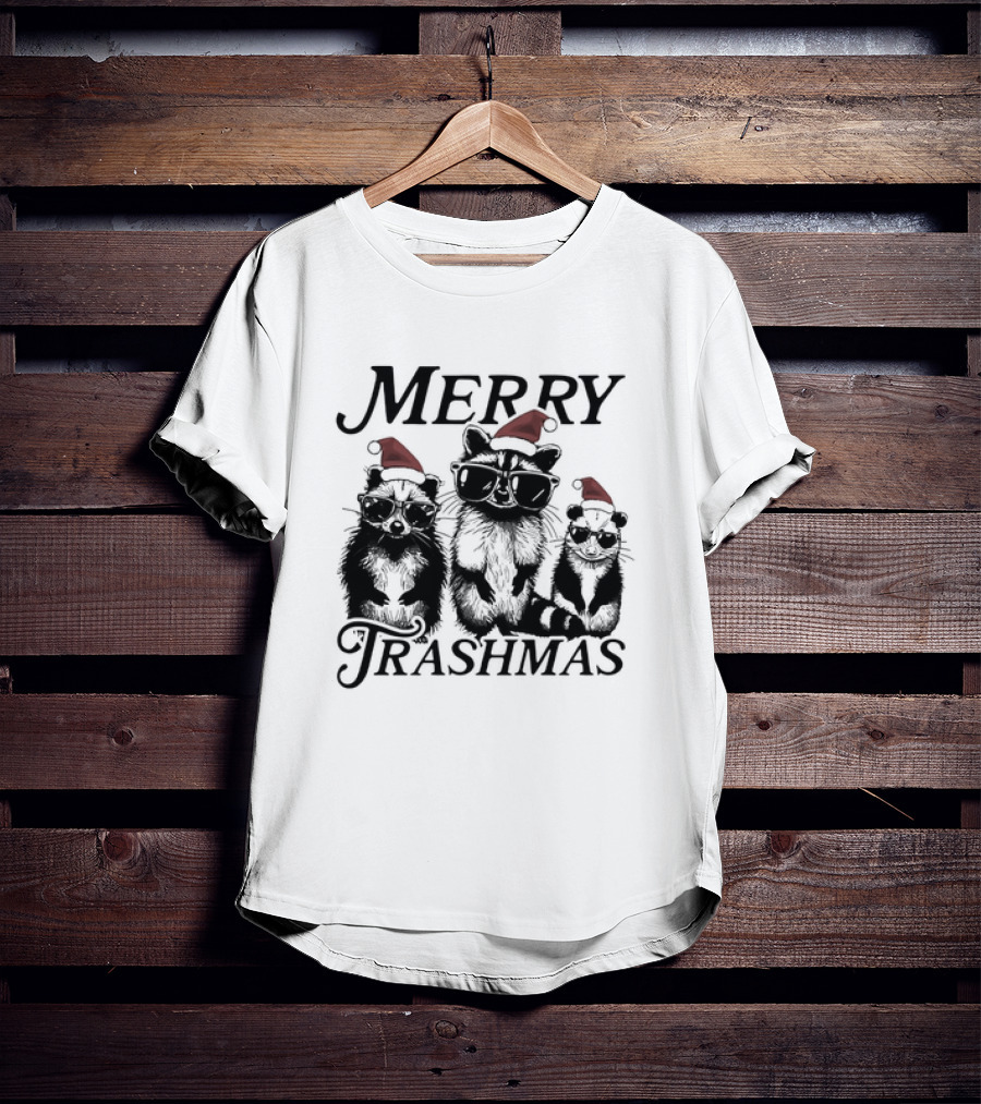 Merry Trashmas Raccoons In Santa Hats With Sunglasses Christmas T-Shirt