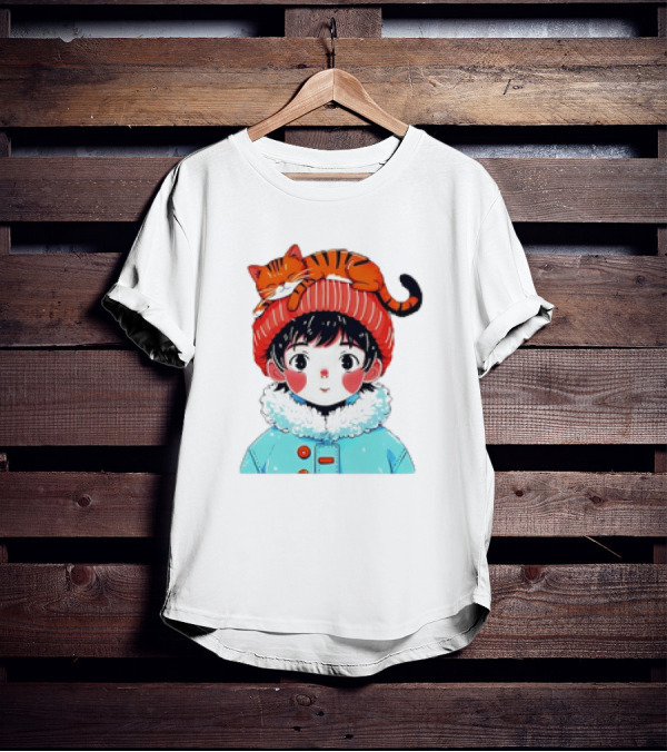 Cute Anime Child In Winter Coat With Adorable Cat Hat T-Shirt