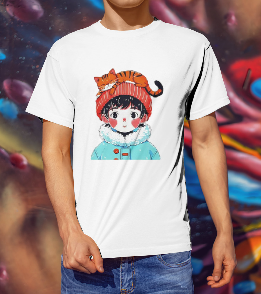 Cute Anime Child In Winter Coat With Adorable Cat Hat T-Shirt