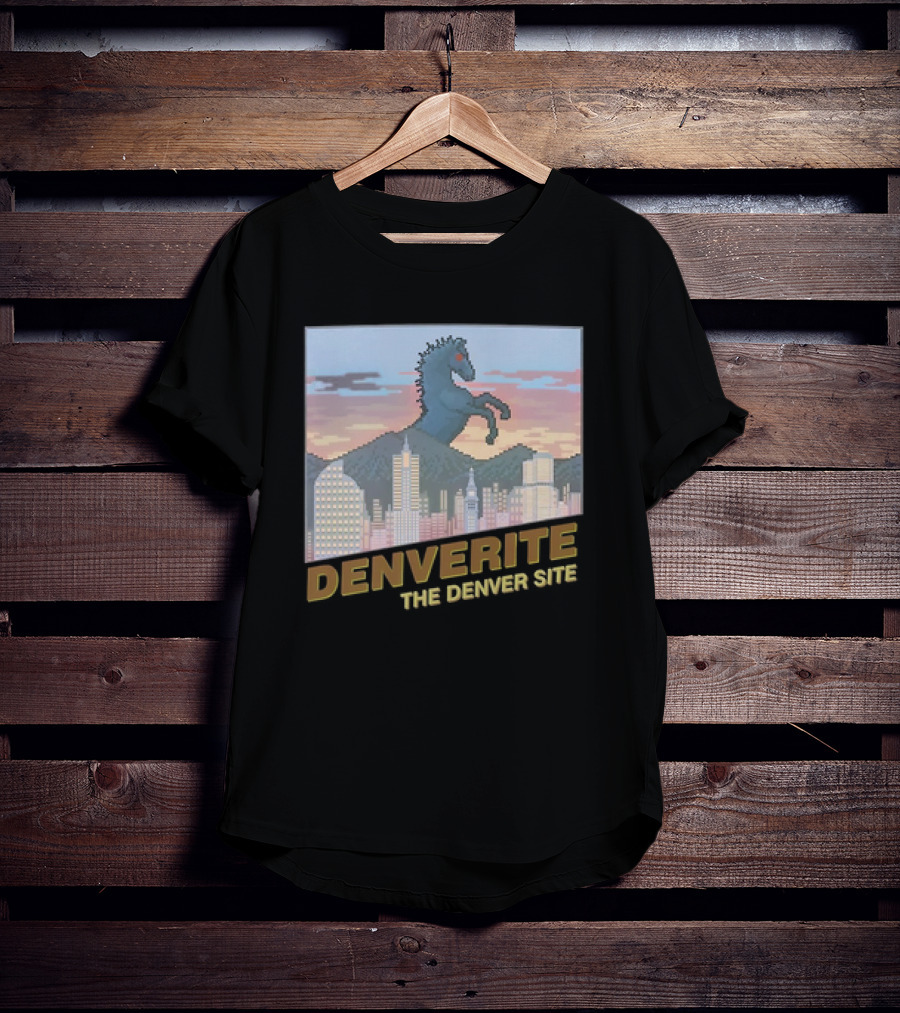 Denverite The Denver Site City Skyline And Rearing Blue Mustang T-Shirt