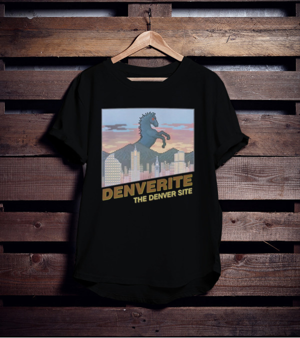 Denverite The Denver Site City Skyline And Rearing Blue Mustang T-Shirt