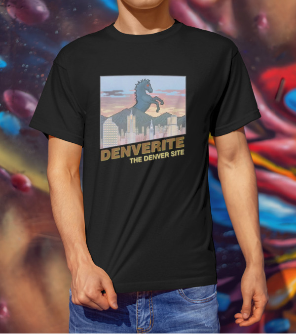 Denverite The Denver Site City Skyline And Rearing Blue Mustang T-Shirt