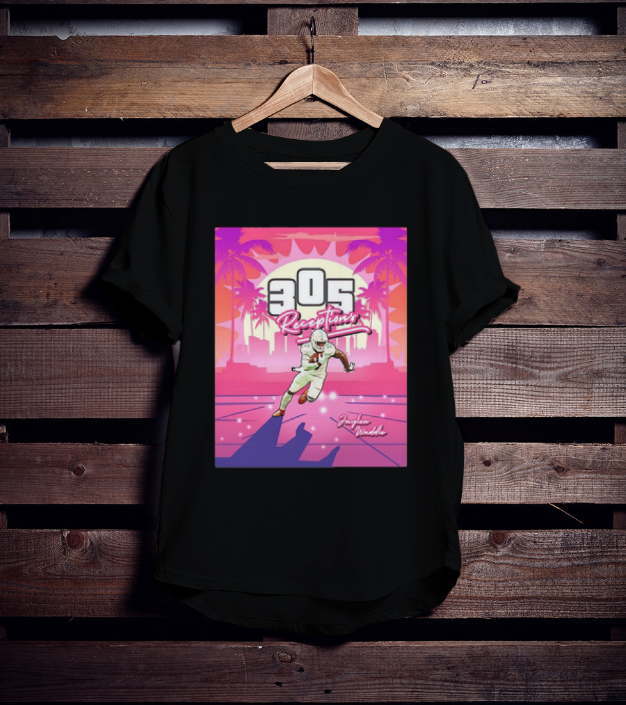 Jaylen Waddle 305 Receptions Miami Dolphins Tropical Sunset Scene T-Shirt