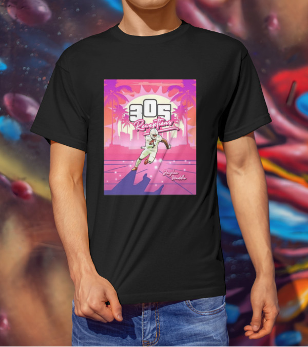 Jaylen Waddle 305 Receptions Miami Dolphins Tropical Sunset Scene T-Shirt