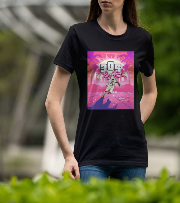Jaylen Waddle 305 Receptions Miami Dolphins Tropical Sunset Scene T-Shirt
