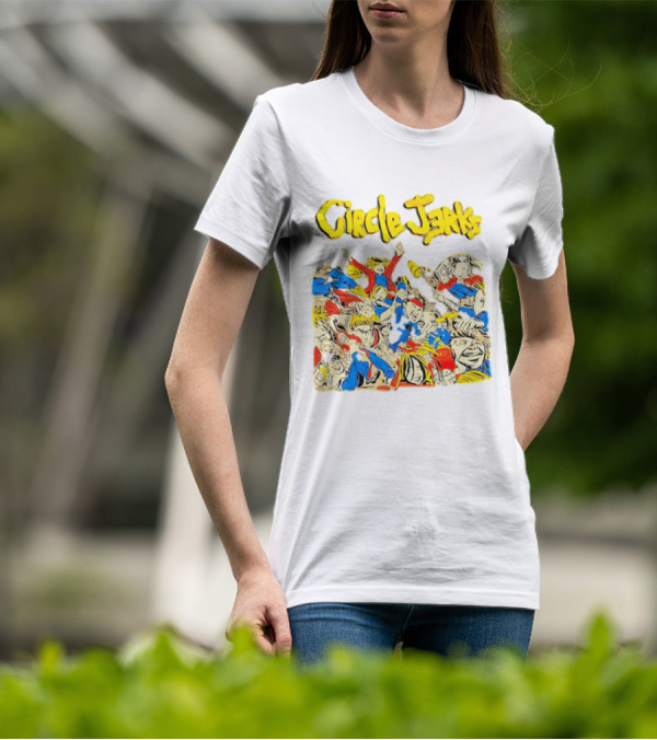 Circle Jerks Cartoon Energetic Crowd Scene With Vibrant Characters T-Shirt