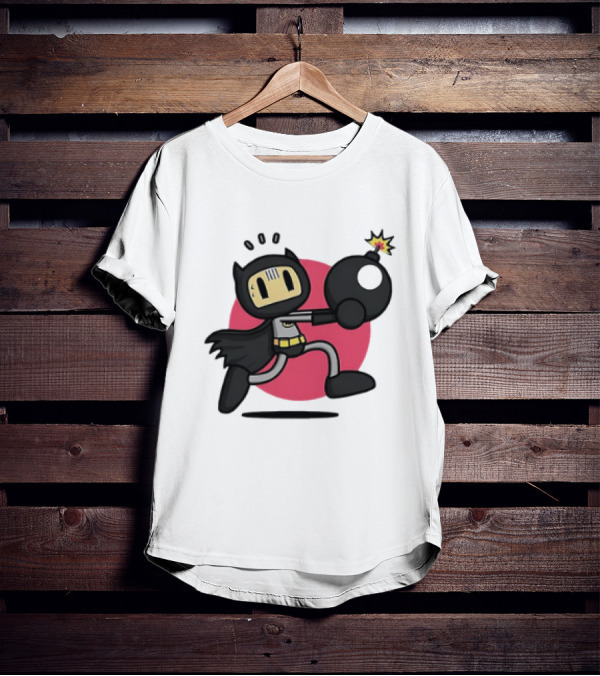Batman Meets Bomberman Crossover With Iconic Superhero Cape And Explosive Action T-Shirt