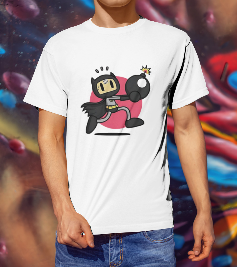 Batman Meets Bomberman Crossover With Iconic Superhero Cape And Explosive Action T-Shirt