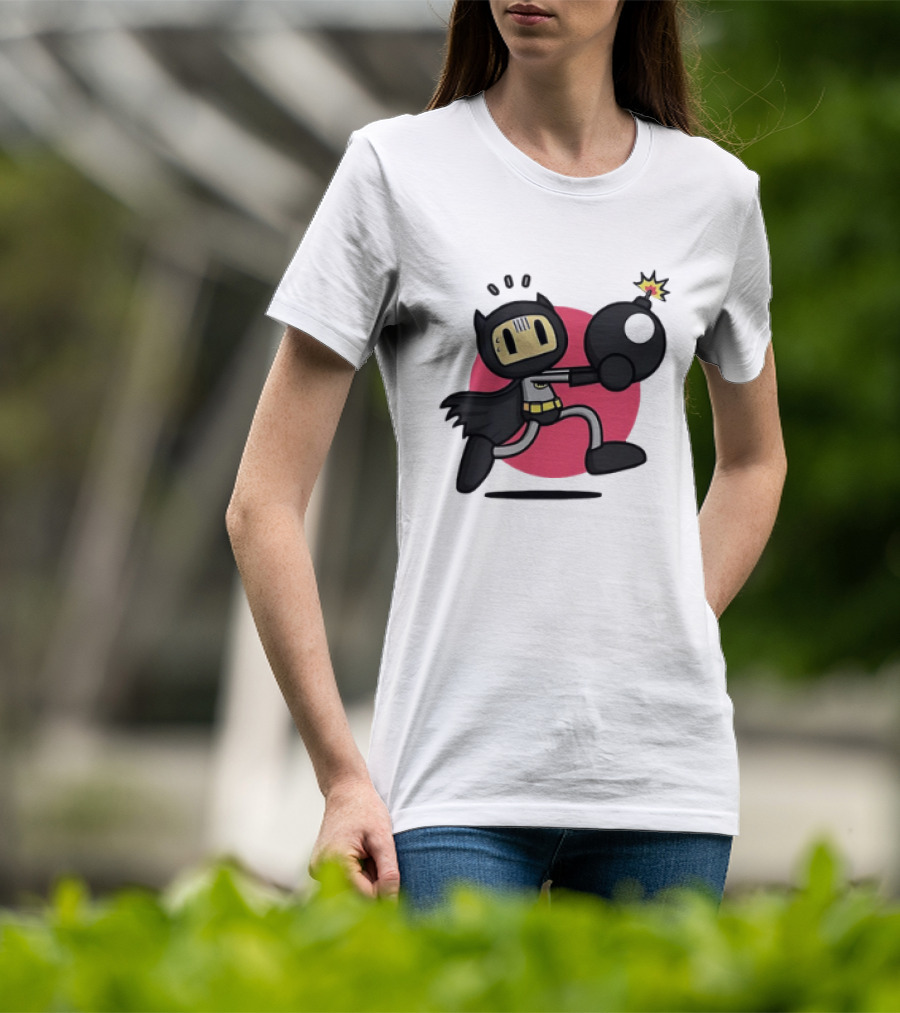 Batman Meets Bomberman Crossover With Iconic Superhero Cape And Explosive Action T-Shirt