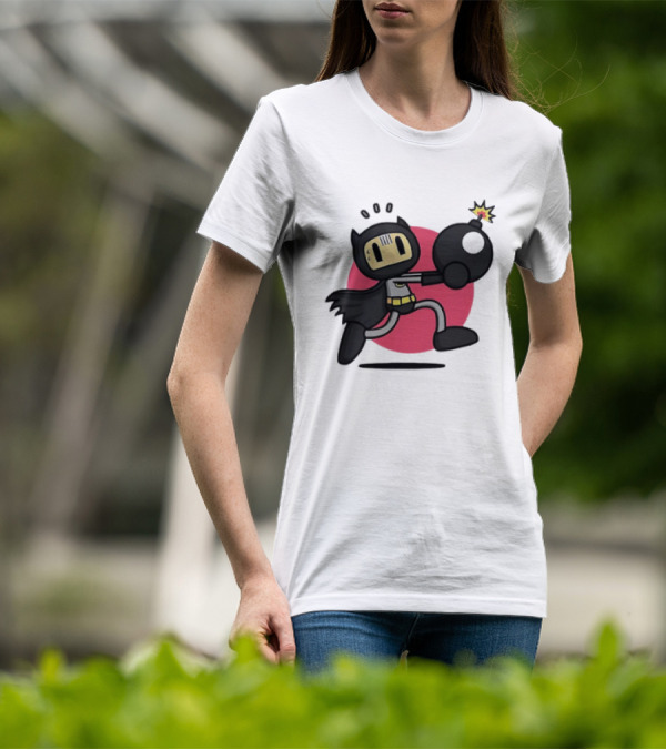 Batman Meets Bomberman Crossover With Iconic Superhero Cape And Explosive Action T-Shirt