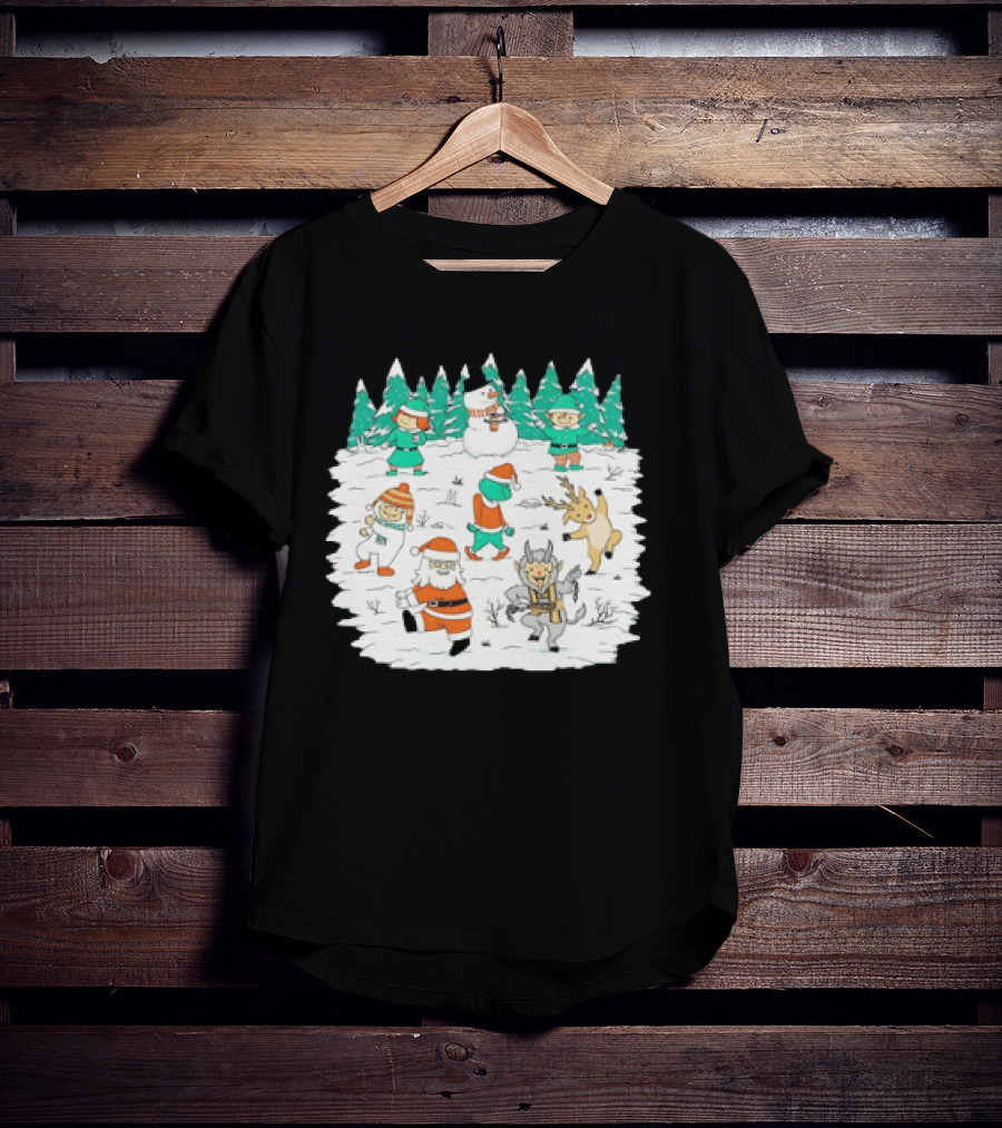 Christmas Dance Party With Santa, Krampus, Grinch, Snowman, And Reindeer In Winter Forest T-Shirt