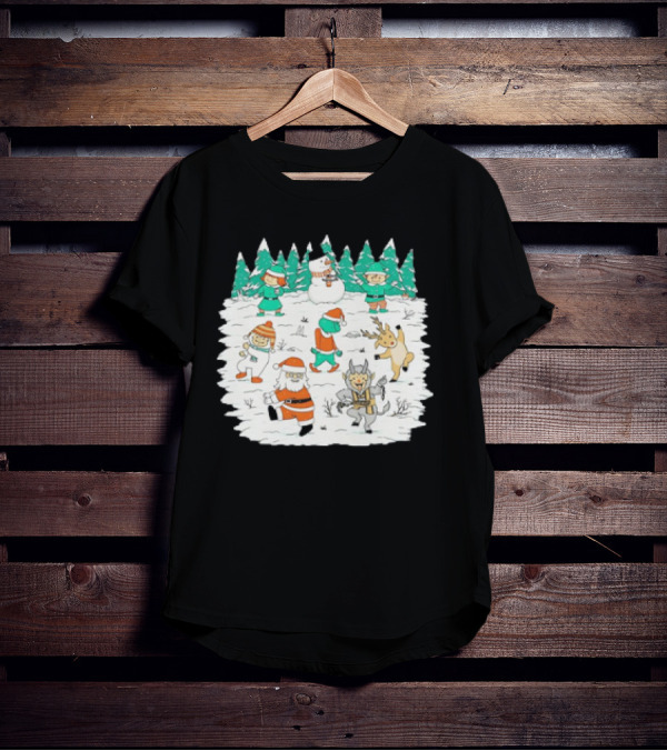Christmas Dance Party With Santa, Krampus, Grinch, Snowman, And Reindeer In Winter Forest T-Shirt