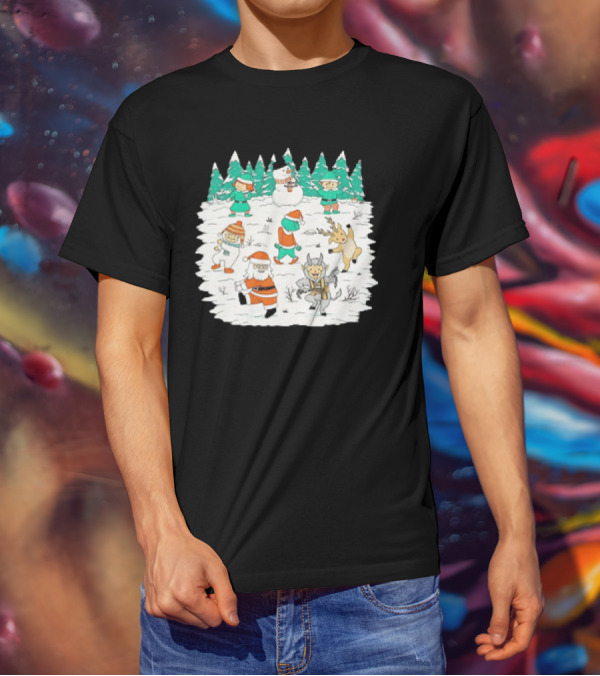 Christmas Dance Party With Santa, Krampus, Grinch, Snowman, And Reindeer In Winter Forest T-Shirt
