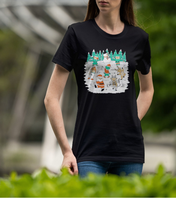 Christmas Dance Party With Santa, Krampus, Grinch, Snowman, And Reindeer In Winter Forest T-Shirt