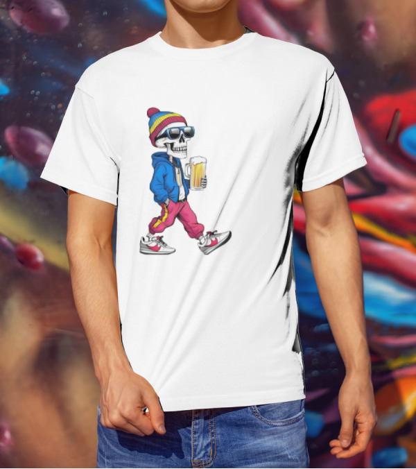 Skeleton Somewhere It's Beer Time Walking With A Mug T-Shirt