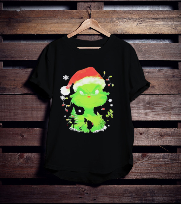 Grinch In Santa Hat Surrounded By Snowflakes And Christmas Lights T-Shirt