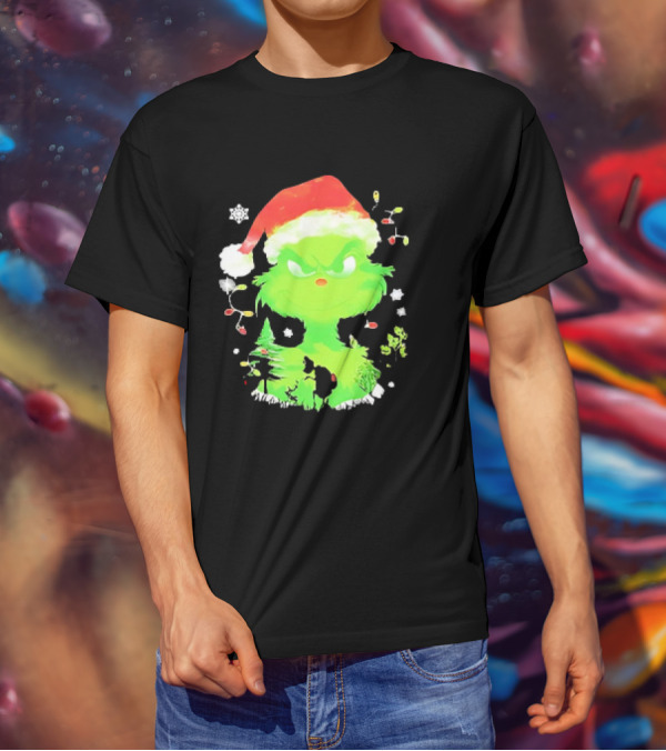 Grinch In Santa Hat Surrounded By Snowflakes And Christmas Lights T-Shirt