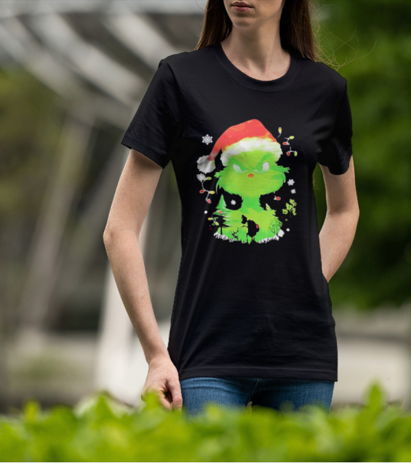 Grinch In Santa Hat Surrounded By Snowflakes And Christmas Lights T-Shirt
