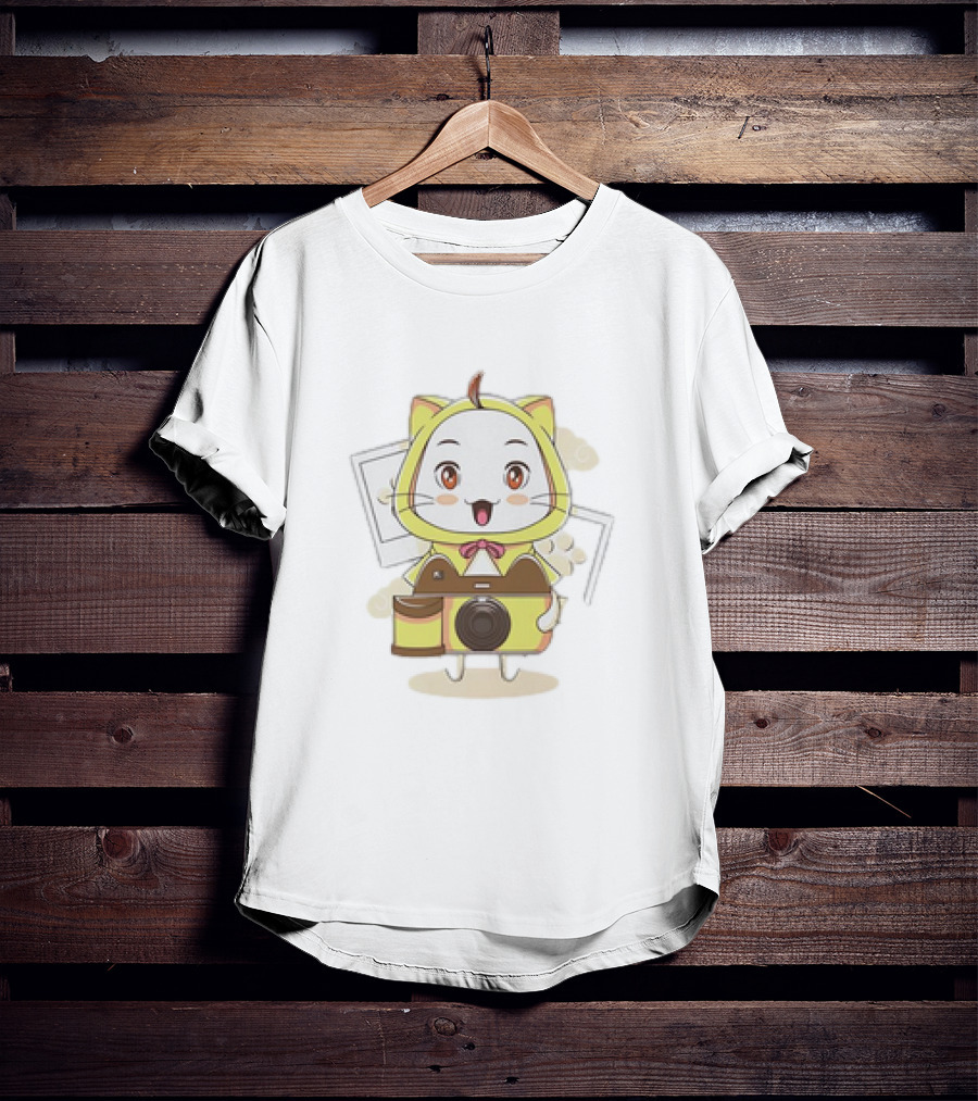 White Cat With Classic Camera Drawing T-Shirt