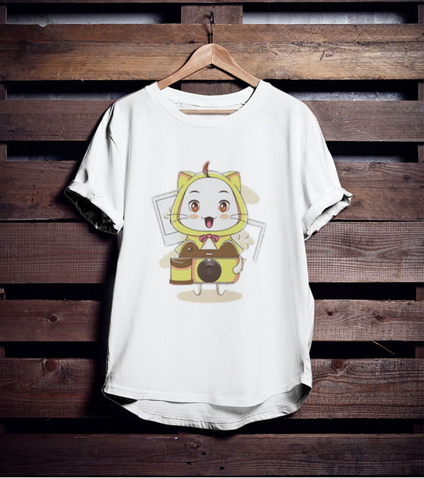 White Cat With Classic Camera Drawing T-Shirt