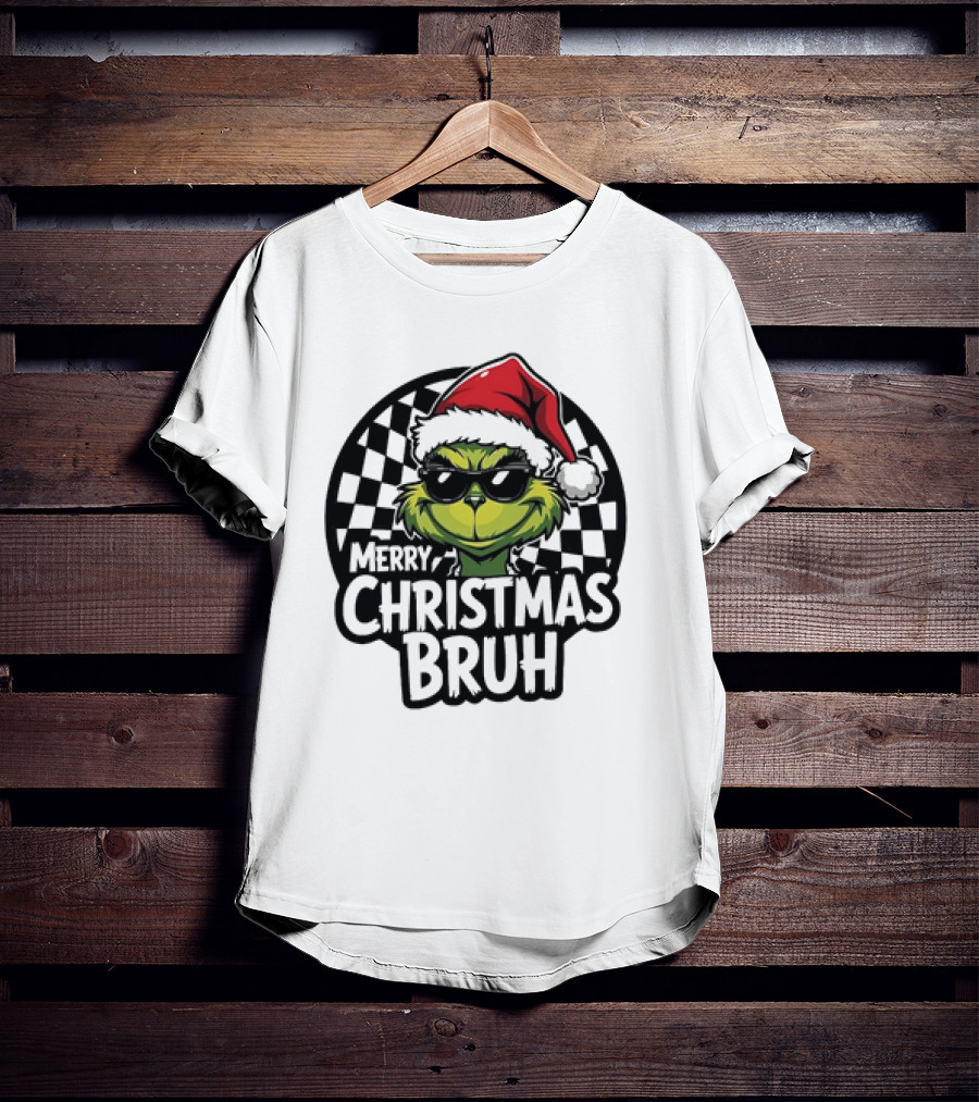 Merry Christmas Bruh Grinch With Santa Hat And Checkered Flags T-Shirt