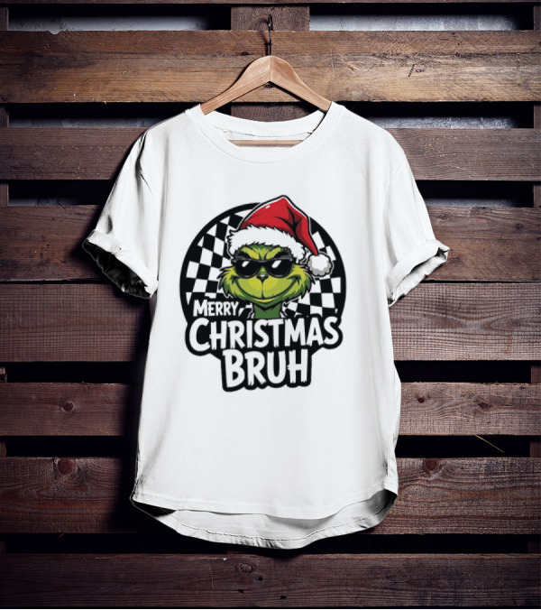 Merry Christmas Bruh Grinch With Santa Hat And Checkered Flags T-Shirt