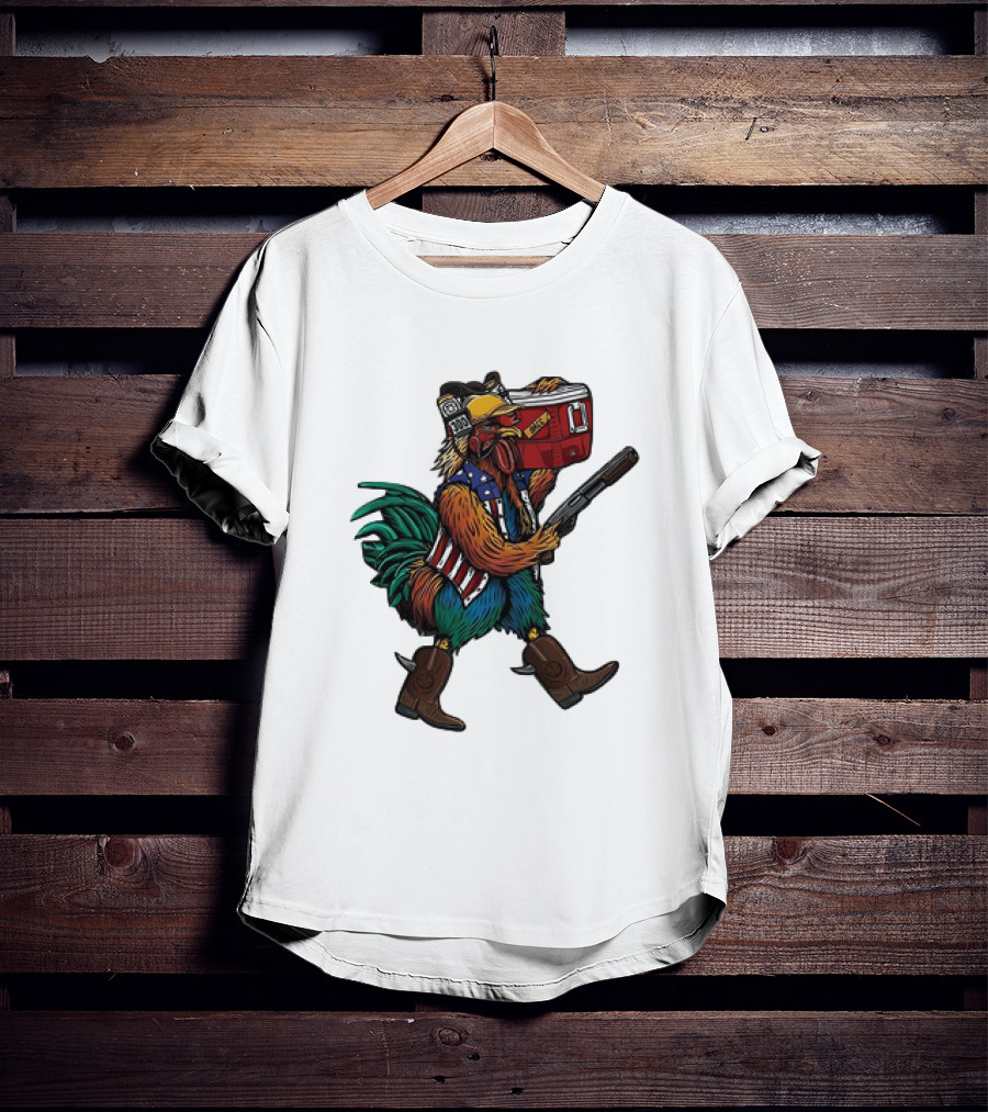 Merica Tacticock Chicken Patriotic Rooster With Beer Cooler And Shotgun T-Shirt