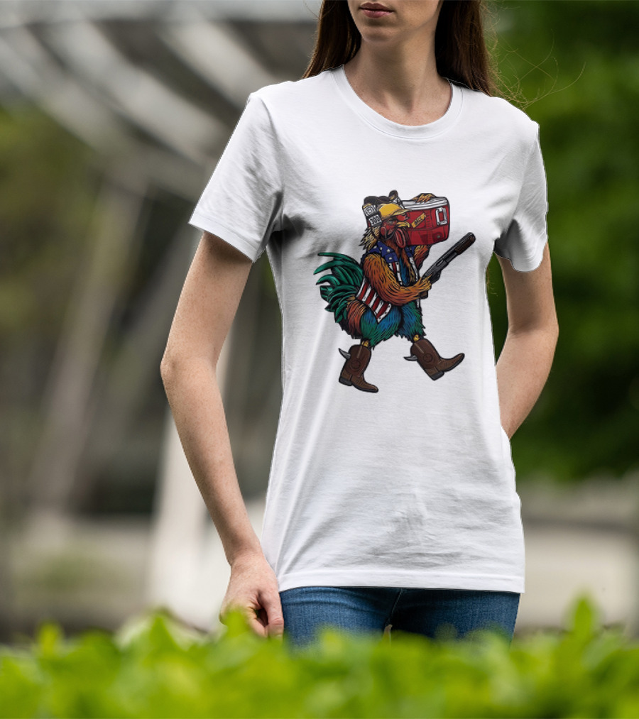 Merica Tacticock Chicken Patriotic Rooster With Beer Cooler And Shotgun T-Shirt