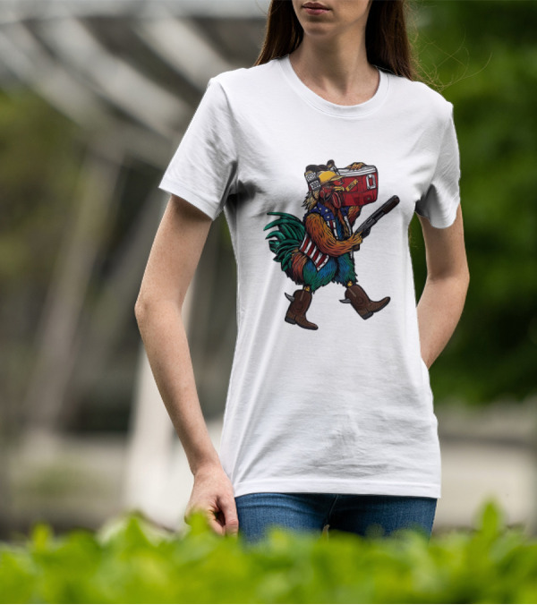 Merica Tacticock Chicken Patriotic Rooster With Beer Cooler And Shotgun T-Shirt