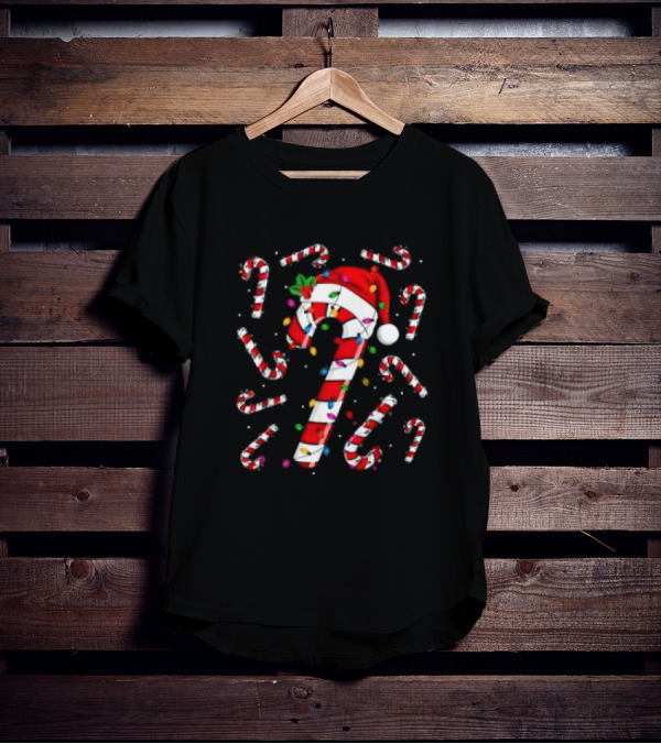 Santa Hat Red And White Candy Cane With Colorful Christmas Lights T-Shirt