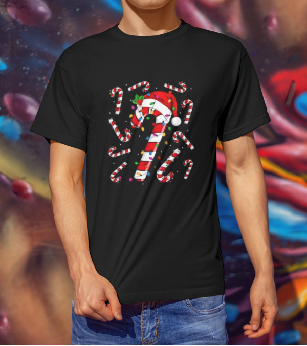 Santa Hat Red And White Candy Cane With Colorful Christmas Lights T-Shirt