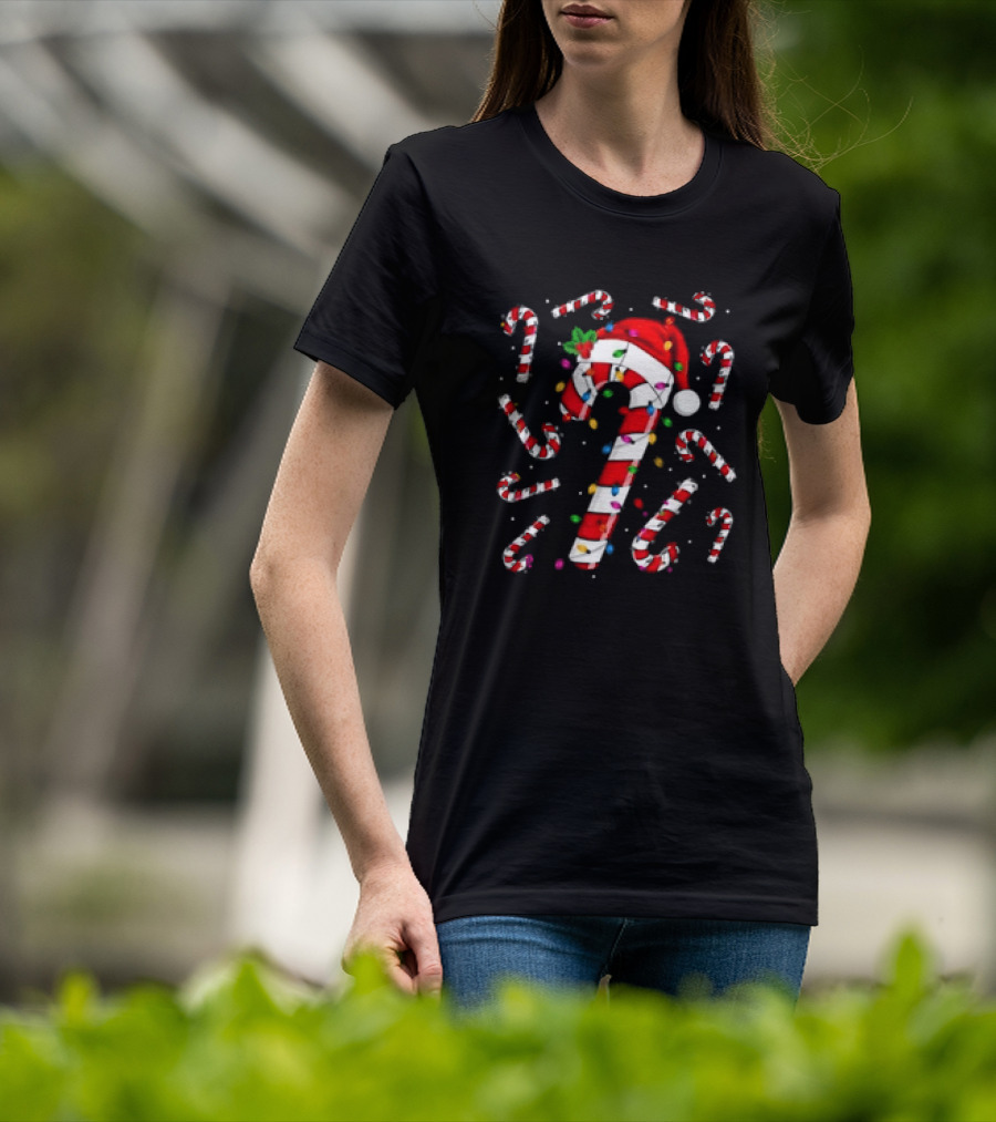 Santa Hat Red And White Candy Cane With Colorful Christmas Lights T-Shirt