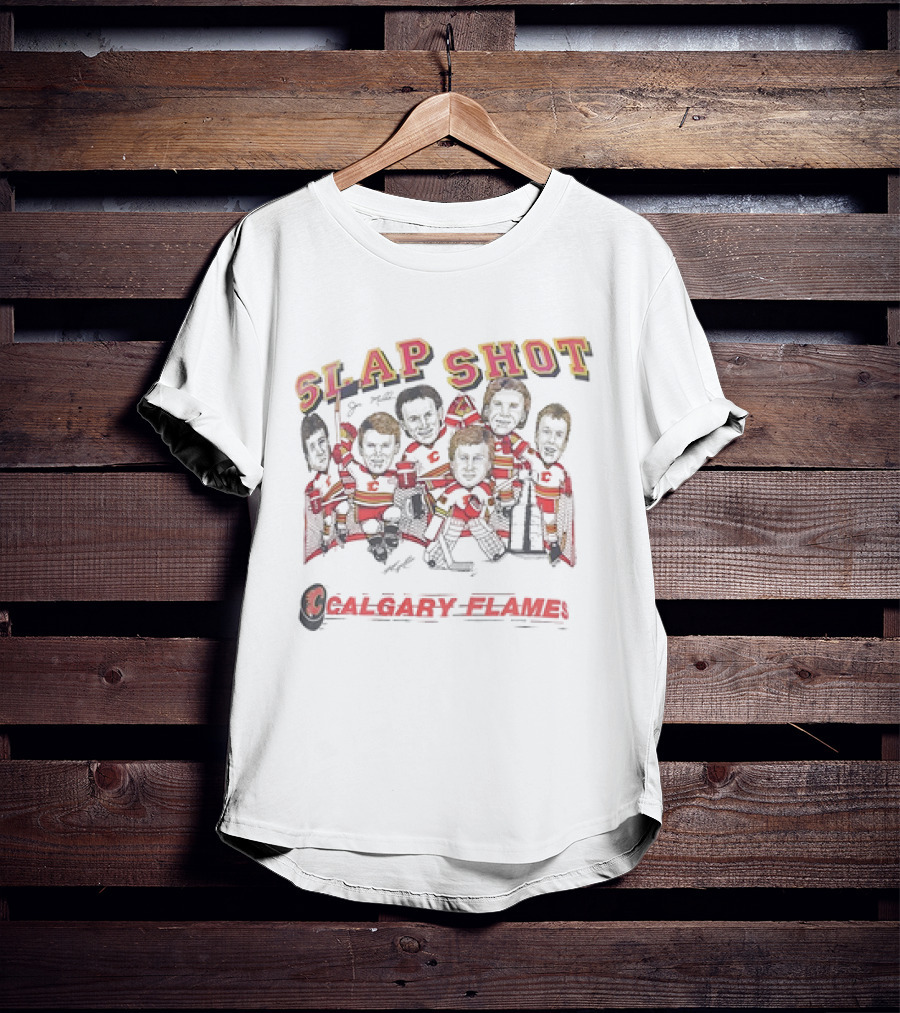Calgary Flames NHL Hockey Team Slap Shot Caricature Vintage T-Shirt