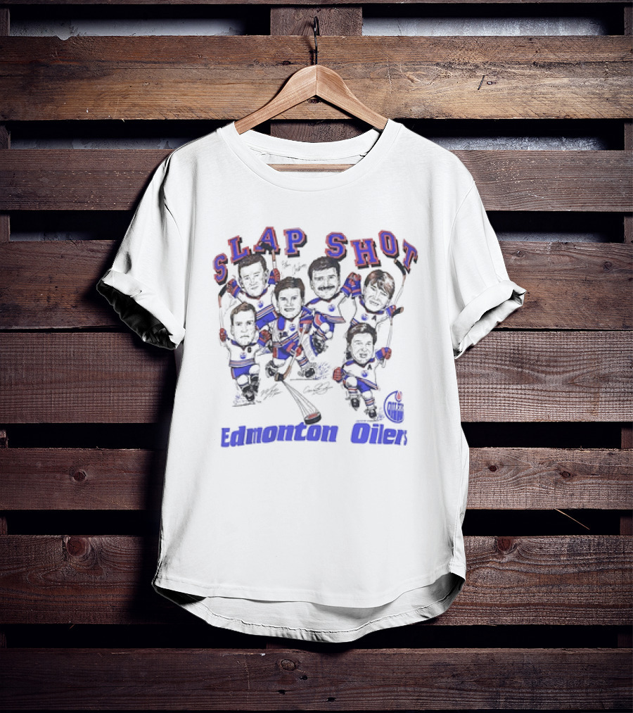 Edmonton Oilers Slap Shot NHL Hockey Team Caricature Vintage T-Shirt