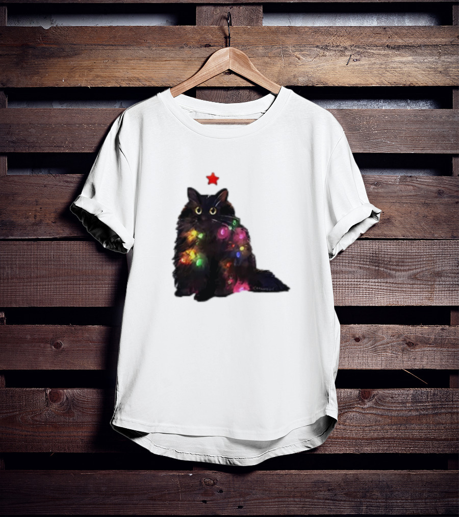 Black Cat Wrapped In Colorful Christmas Lights With Red Star T-Shirt