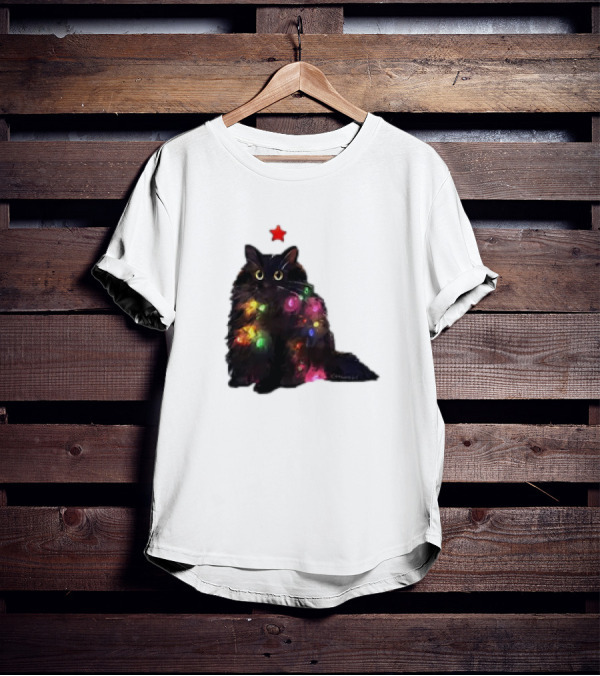 Black Cat Wrapped In Colorful Christmas Lights With Red Star T-Shirt