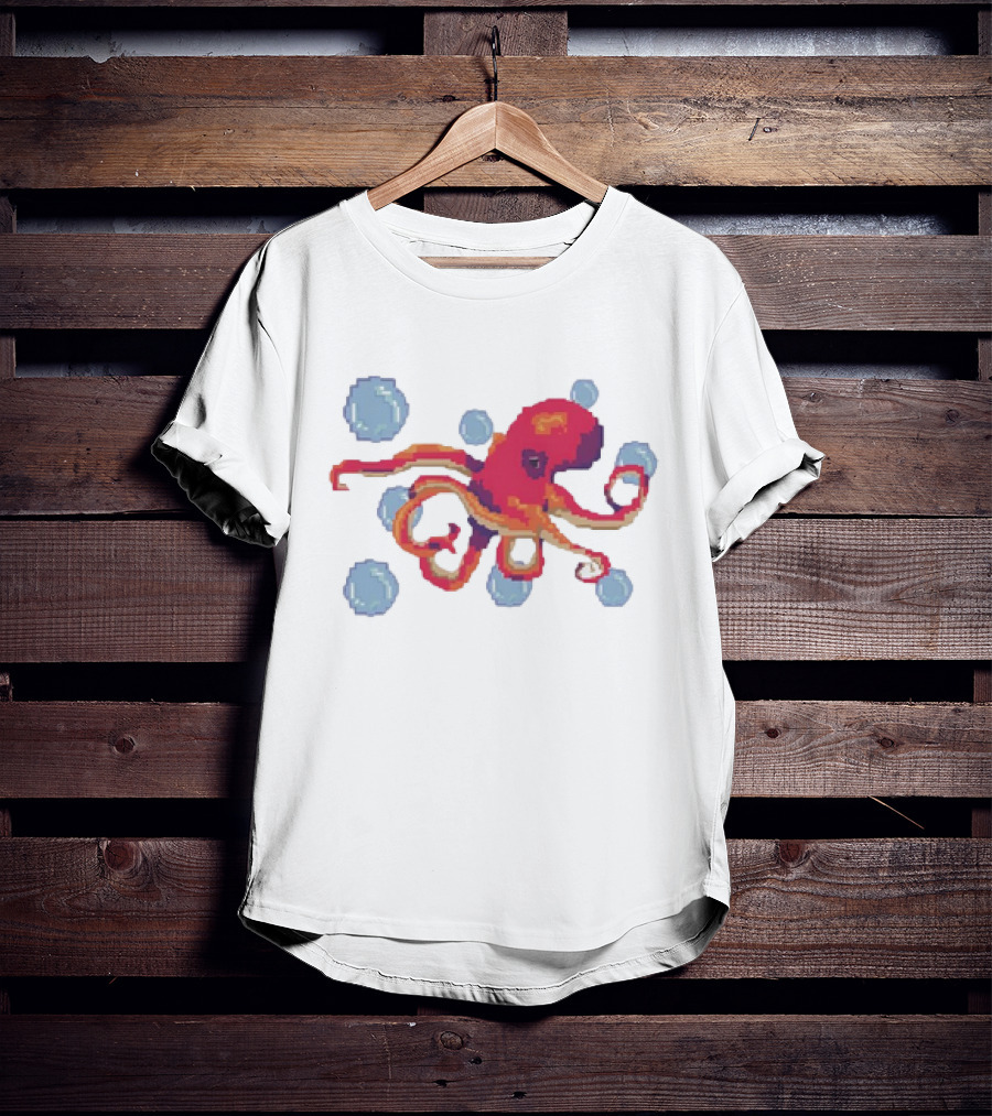 Octopus Swimming Through Blue Bubbles Pixel T-Shirt
