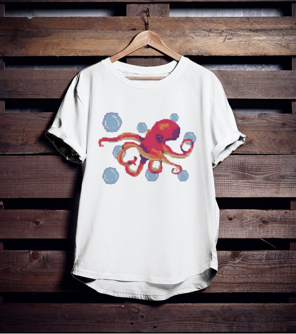 Octopus Swimming Through Blue Bubbles Pixel T-Shirt