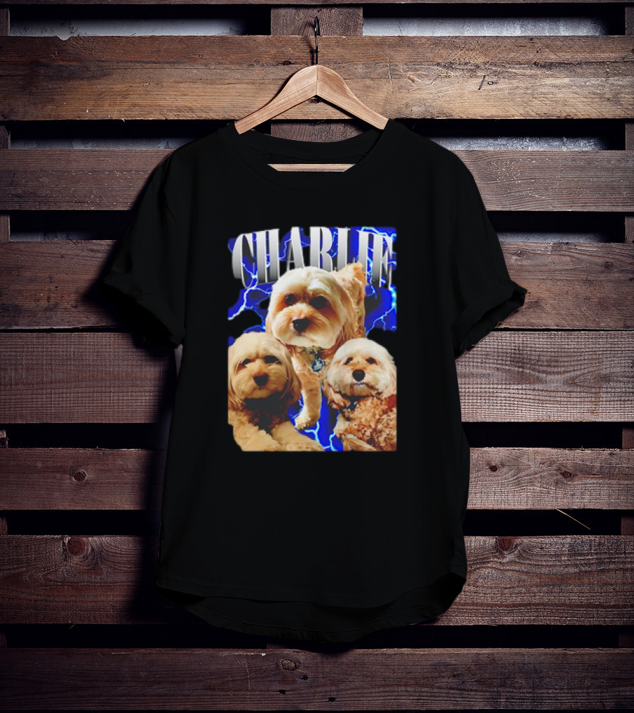 Charlie Three Dogs Blue Lightning Background T-Shirt