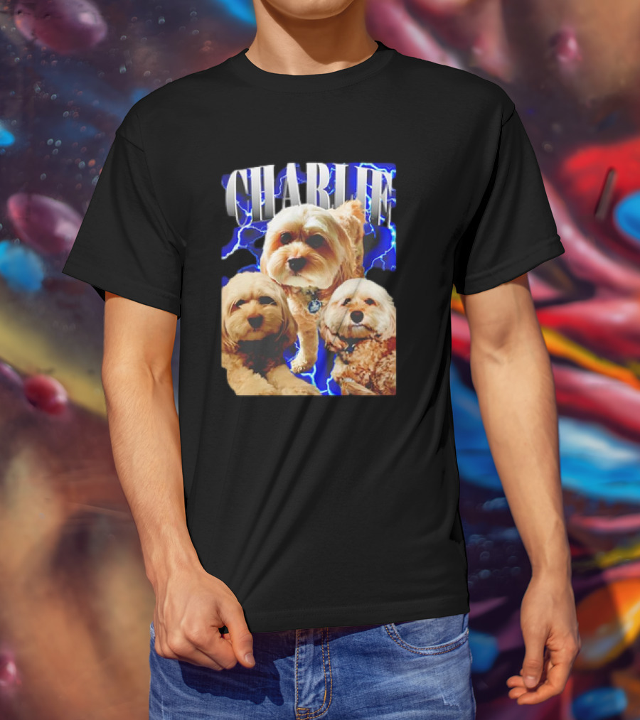 Charlie Three Dogs Blue Lightning Background T-Shirt