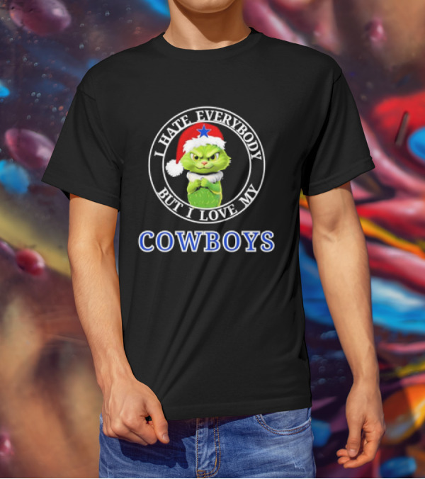 I Hate Everybody But I Love My Cowboys Grinchy Cat Christmas Santa Hat T-Shirt