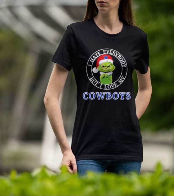 I Hate Everybody But I Love My Cowboys Grinchy Cat Christmas Santa Hat T-Shirt