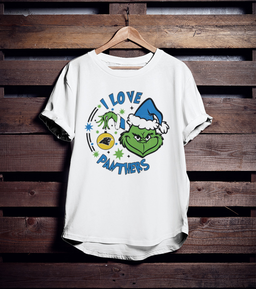 Carolina Panthers X Santa Grinch I Love Panthers Christmas Ornament Green Grinch Blue Santa Hat T-Shirt