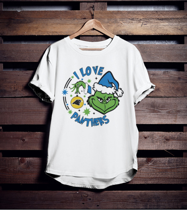 Carolina Panthers X Santa Grinch I Love Panthers Christmas Ornament Green Grinch Blue Santa Hat T-Shirt