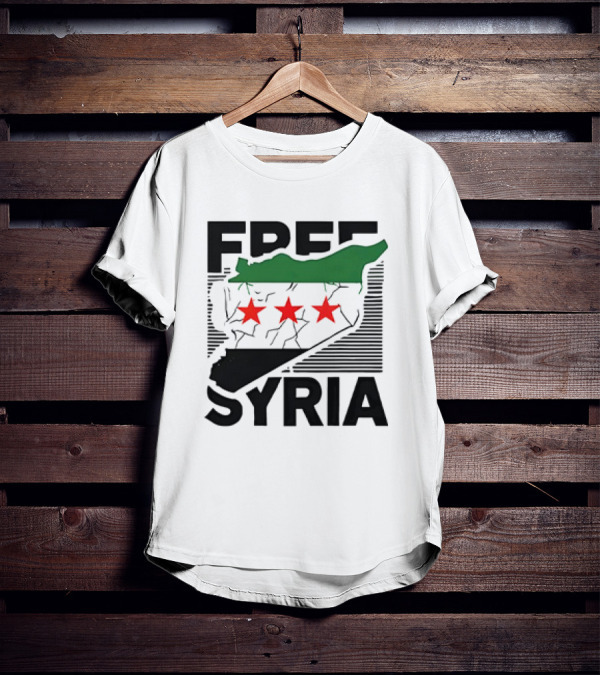 Free Syria Map With Flag Stripes And Red Stars T-Shirt