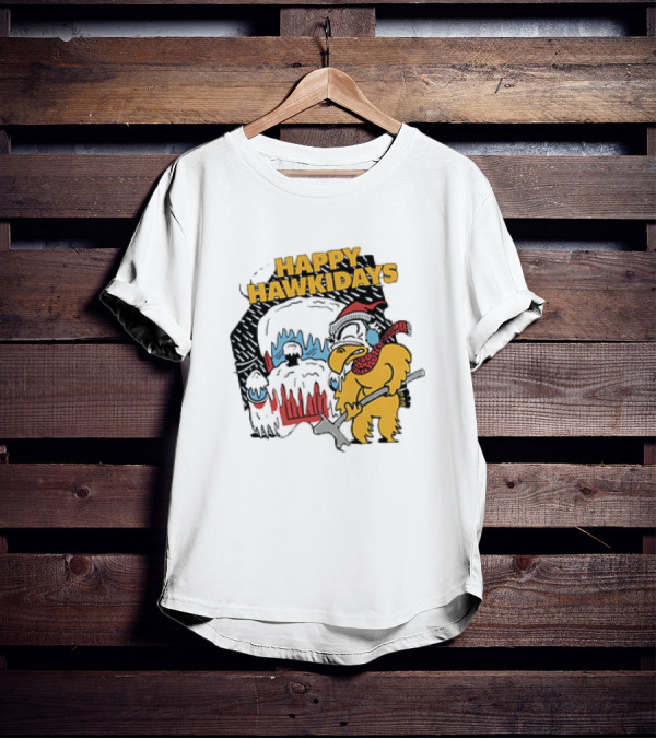 Happy Hawkidays Iowa Hawkeyes Frozen Mascot Holiday Fun T-Shirt