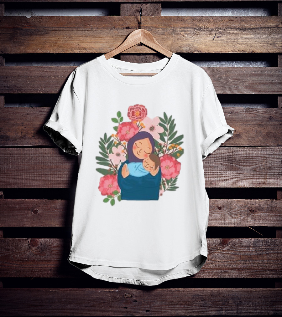 Mom And New Baby Boy Mother's Day Paint Floral Embrace T-Shirt