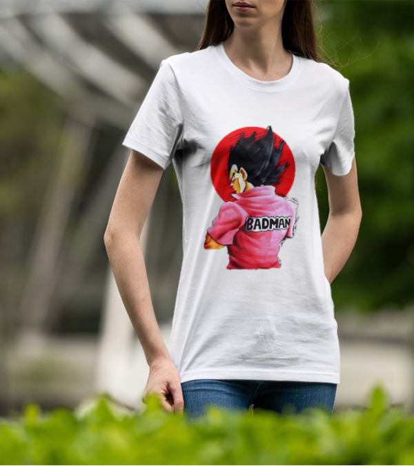Vegeta Badman Pink Shirt Dragon Ball Style Red Circle Background T-Shirt