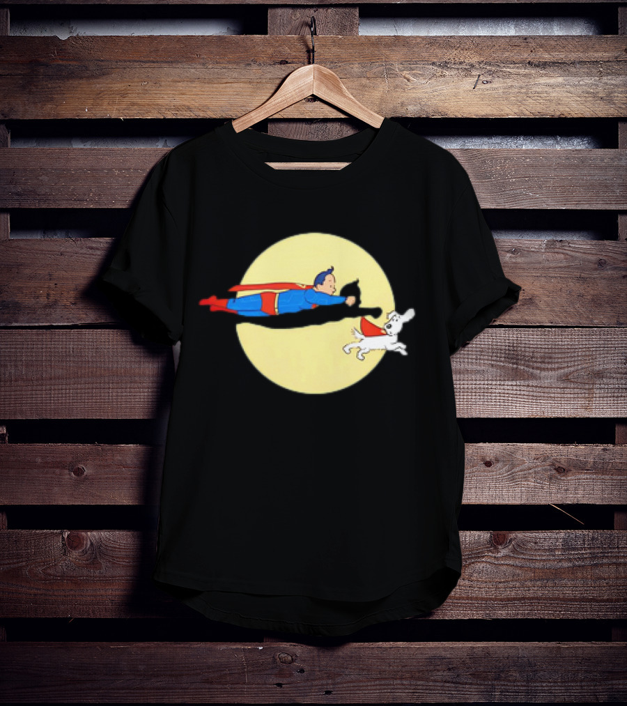 Superman And Krypto X The Adventures Of Tintin Super Tintin Flying Duo Moon Background T-Shirt